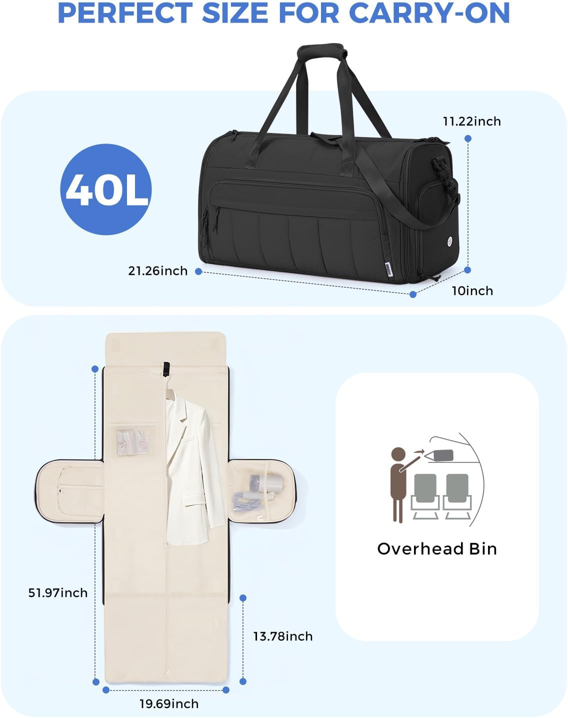 WANDF Convertible Garment Bags for Travel with Wet Pocket Carry on Garment Duffle Bag 2 in 1 Puffy Hanging Clothes Travel Bags with Shoe Compartment for Airplanes Business Weekend Gym Wedding (Black) - Image 6