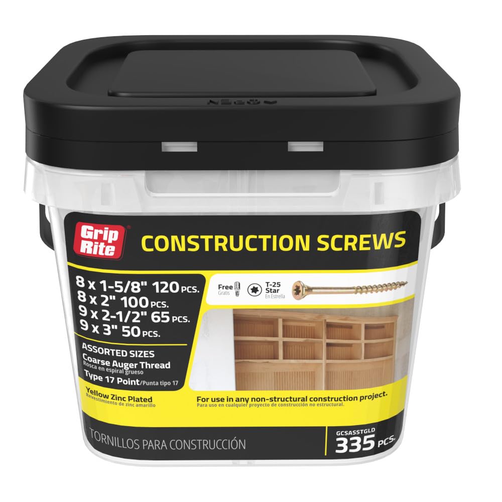 Grip-Rite GCSASSTGLD - Viti per legno, 335 pezzi, in acciaio legato, T-25 con attacco a stella, testa piatta, finitura zincata, misure assortite da 3,5 cm a 7,6 cm