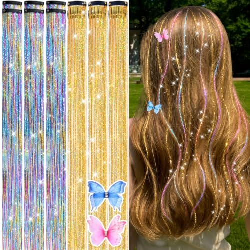 Hair Tinsel Kit Clip in 26 Inch 12 Pcs Tinsel Hair Extensions for Kids Colorful Sparkle Fairy Accessories Hair Glitter Accessories for Women Girls Festival Birthday Party Looks (Rainbow color+Gold)