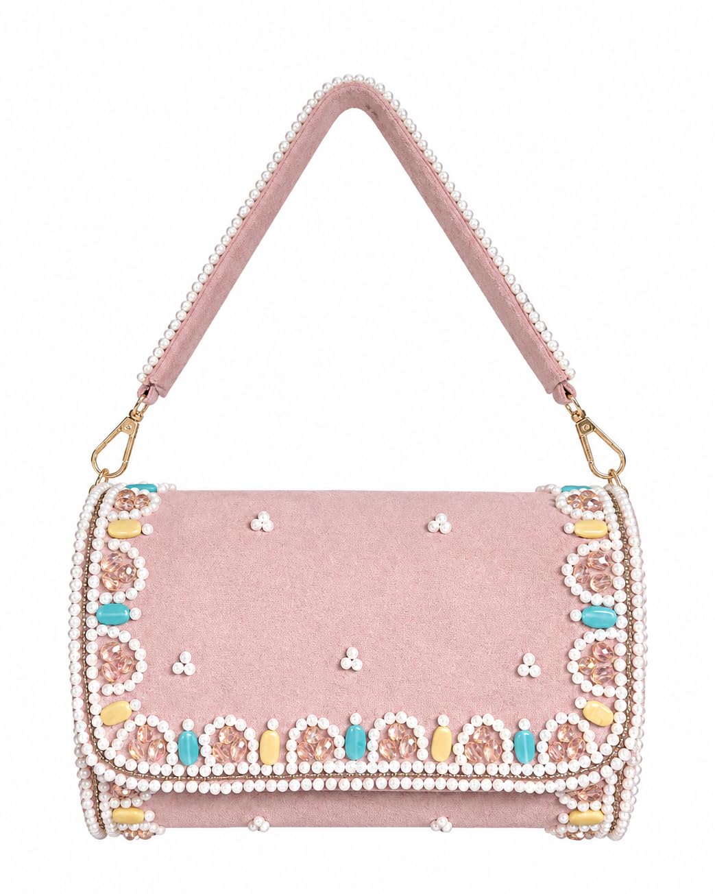 Women's Premium Suede Embellished Clutch Handbag | Pearl & Stones Handcrafted Pretty Handbag with Detachable Shoulder Strap & Top Handle | Wedding, Festive & Daily Use-image-29
