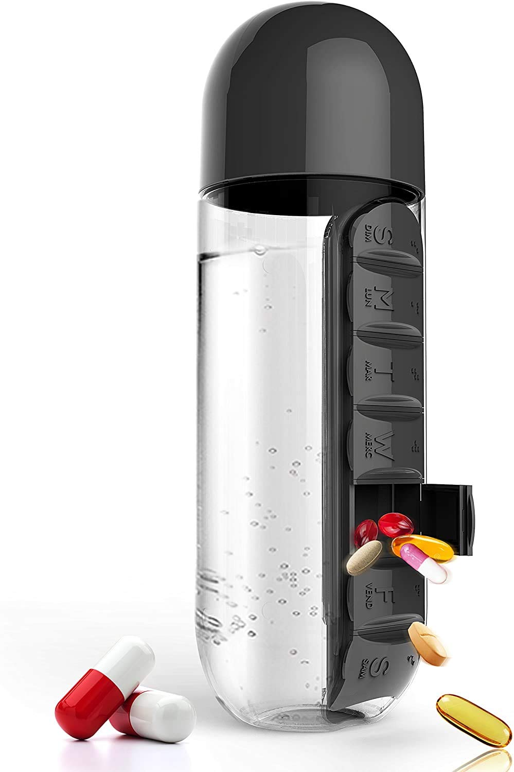 Kevibuy 7-Day Water Bottle with Pill Organizer Case 20 oz | Weekly Pill Holder Reminder Box for Vitamin/Fish Oil/Supplement | Medication Holder with Daily Marker for Sport and Travel 2 in 1 (Black)