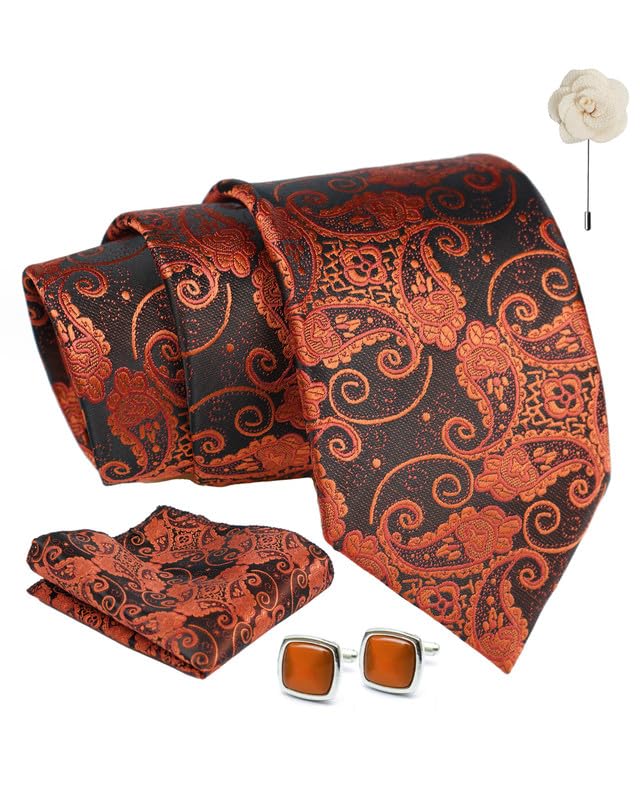 Sponsored Ad - Tie for Men – Micro Silk Neck Ties Set with Cufflinks Flower Pin, Pocket Square & Black Gift Box, Combo Necktie Sets for Office Wear, Formal Suits & Weddings (Rust, AX24_42)
