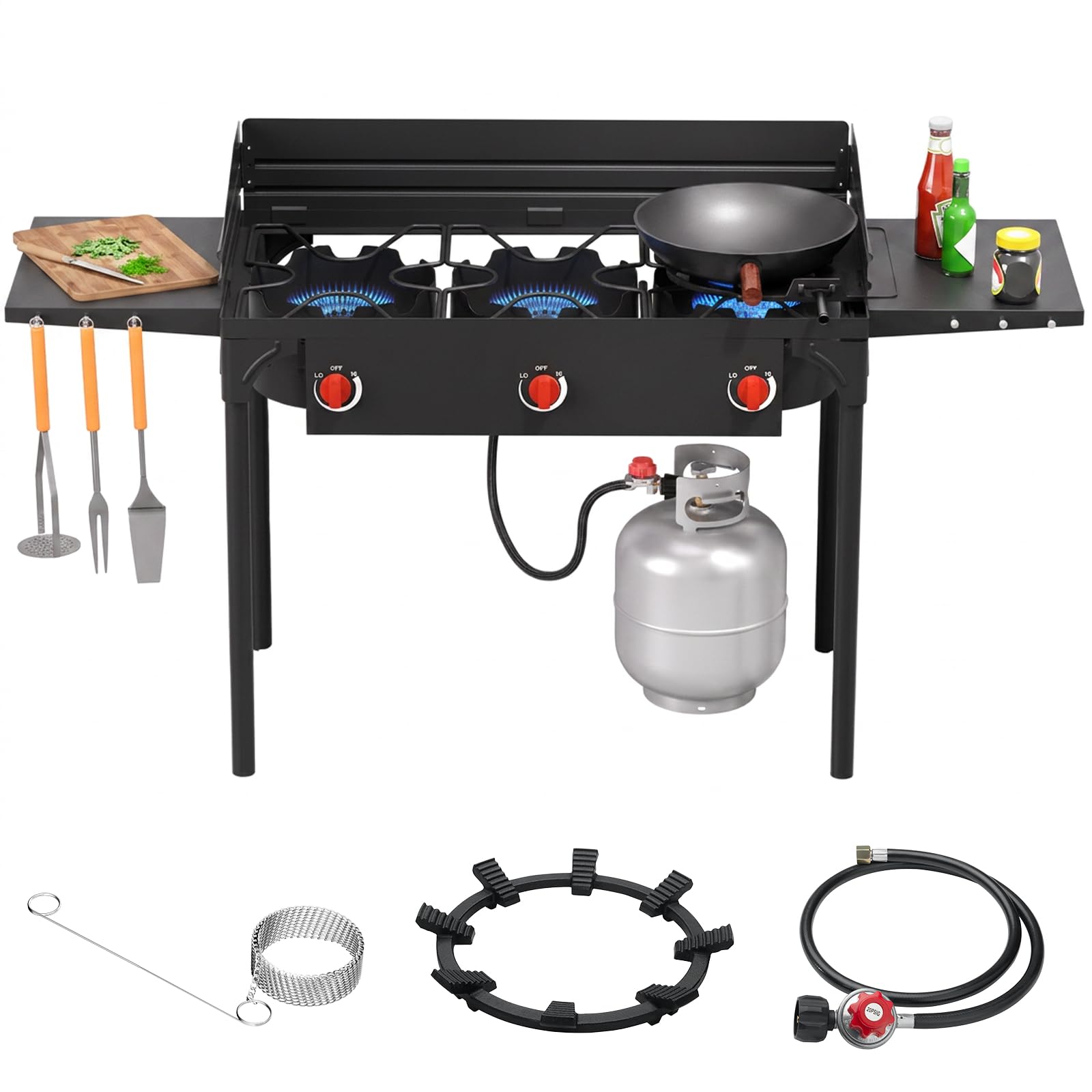 SKOK 3 Burners Camping Propane Stove with Wind Panel and Side Shelves