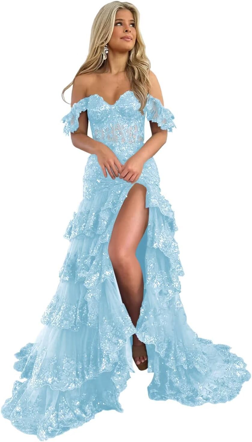 UZN Off Shoulder Tiered Tulle Prom Dresses Long Mermaid Lace with Slit Formal Evening Party Gowns