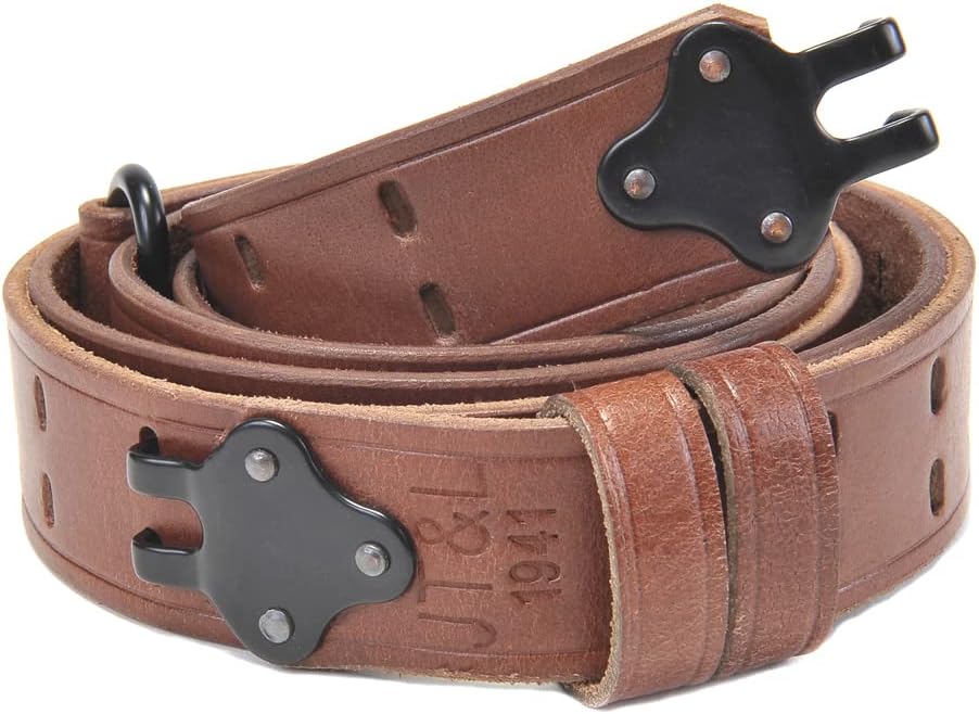 World War Supply M1907 1.25" Leather Rifle Sling Marked JT&L 1941 with Black Powder Coated Brass Hardware and Premium Drum Dyed Leather