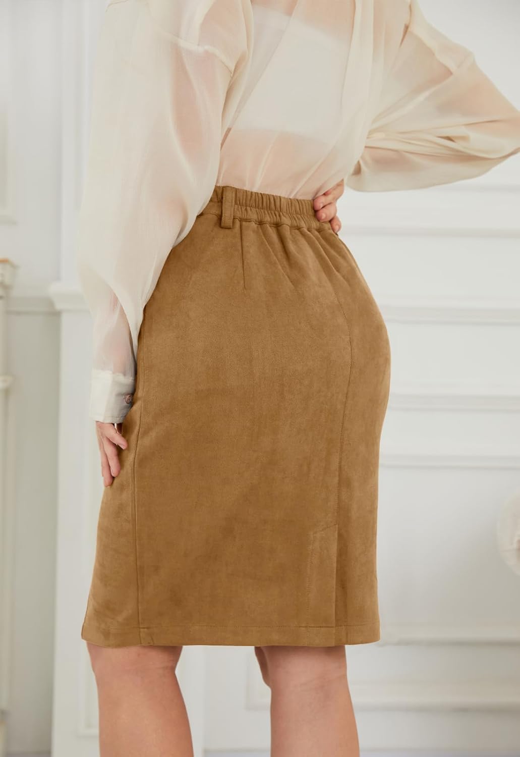 Women's Faux Suede Knee Length Skirt High Waisted Bodycon Fall Winter Zipper Trendy Skirts for Women with Pockets - Image 3