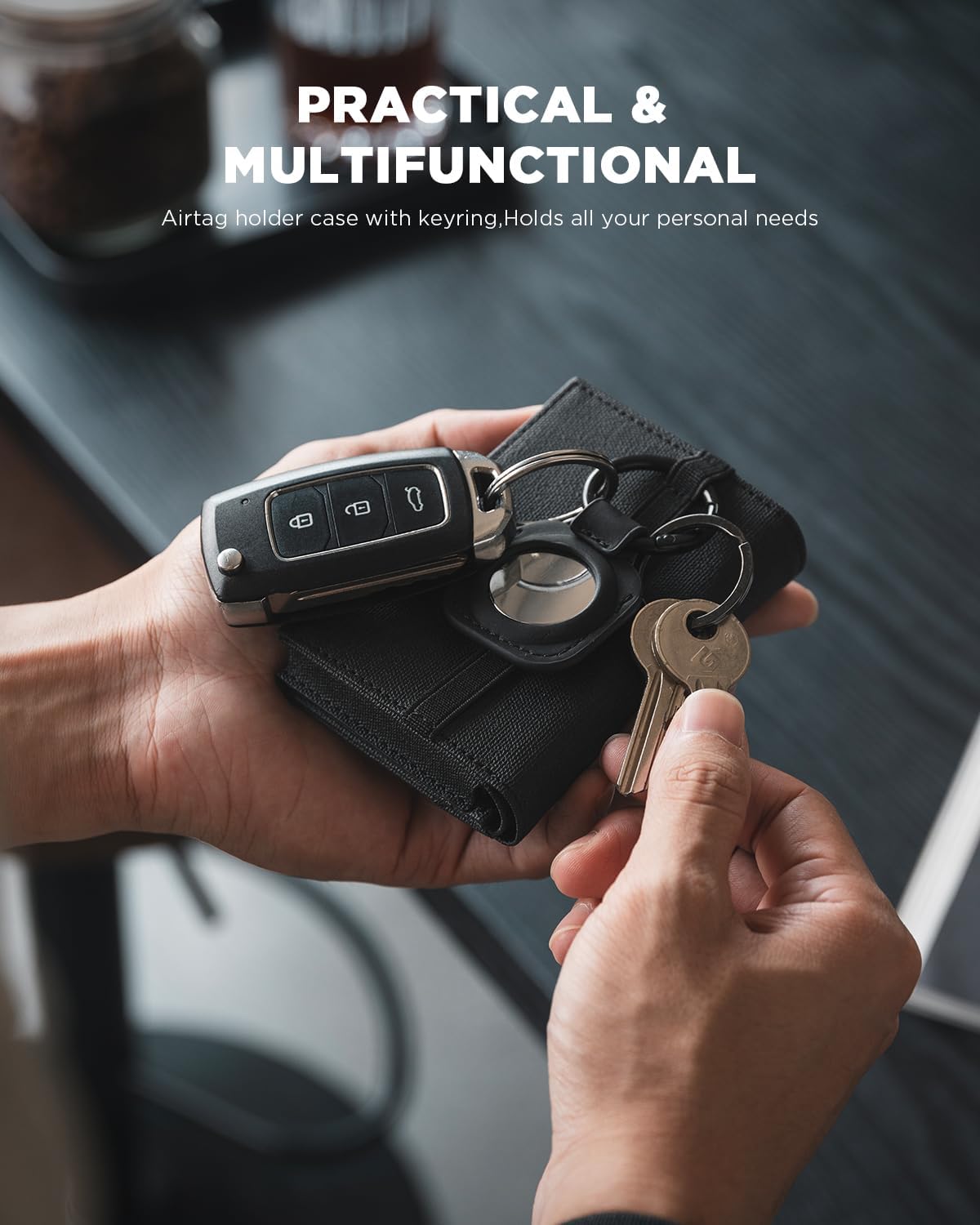 VULKIT Airtag Wallet with Keyring Mens Pop up Credit Card Wallet with Air Tag Holder Trifold ID Window RFID Blocking（Black） - Image 6