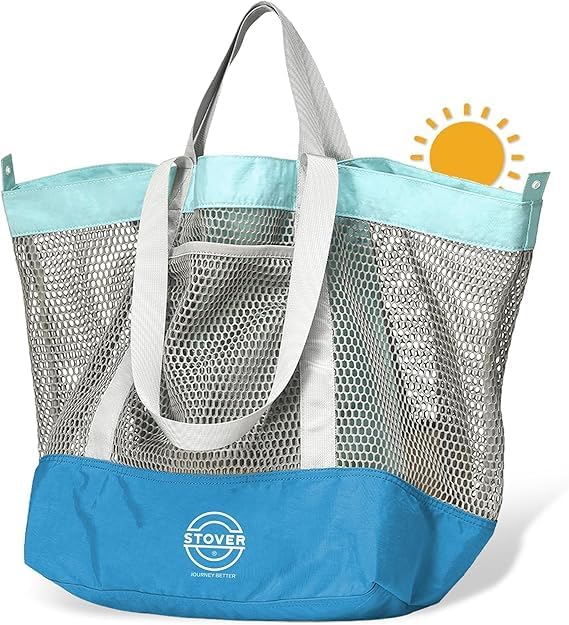 STOVER Extra Large Mesh Beach Bag, Vacation, Pool, Shopping & Travel Tote - Foldable w/Storage Pouch & Pockets for Women, Men