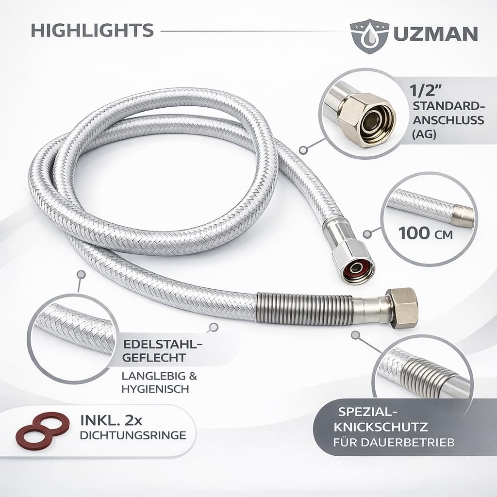 UZMAN Tuyau de douche Gastro 100 cm avec protection spéciale anti-torsion – Raccords standard 1/2" avec joints Tuyau de rechange pour cuisine et restauration