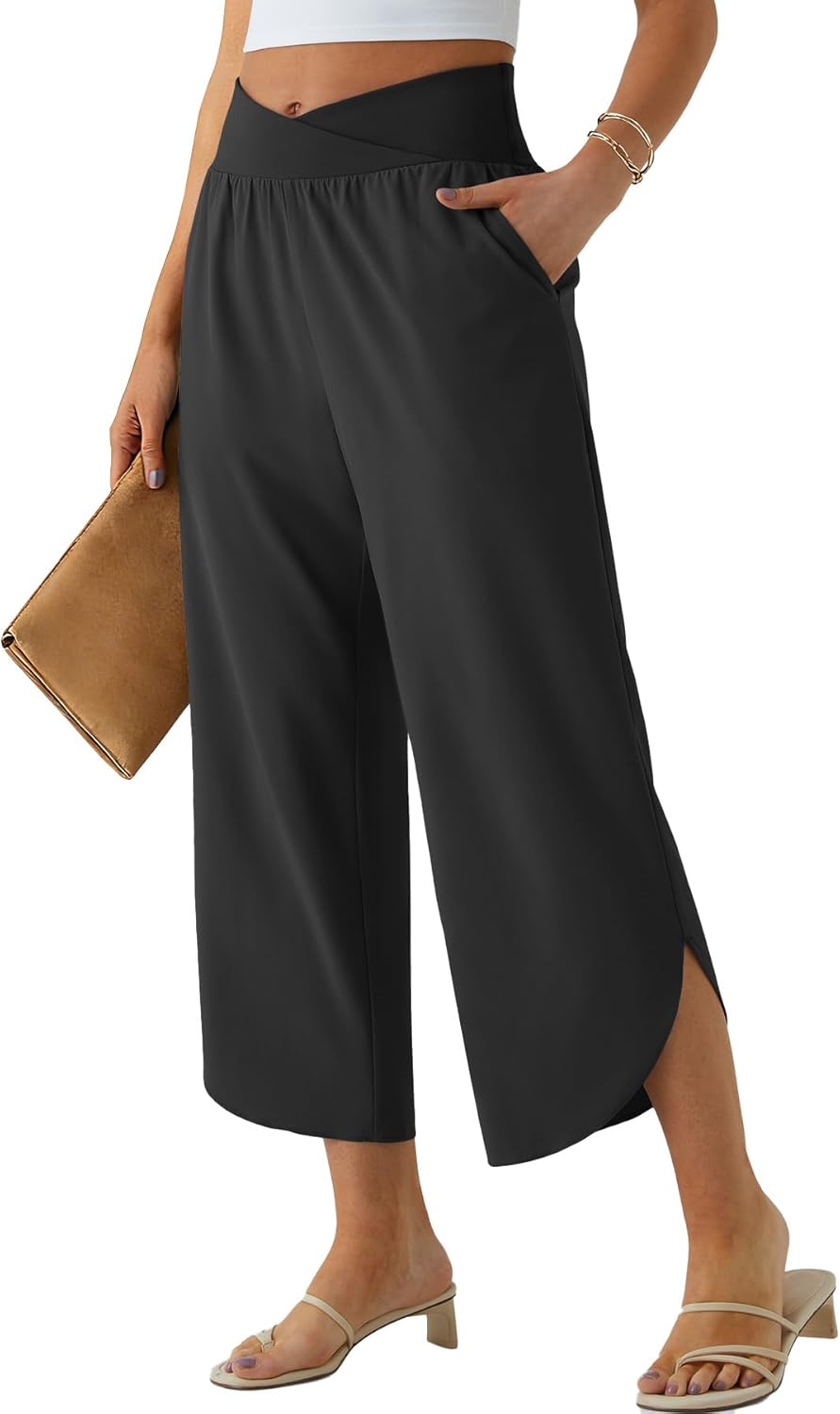 Wide Leg Capri Pants for Women Crossover High Waist Casual Palazzo Slacks Summer Beach Vacation Clothes with Pockets