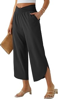 Wide Leg Capri Pants for Women Crossover High Waist Casual Palazzo Slacks Summer Beach Vacation Clothes with Pockets