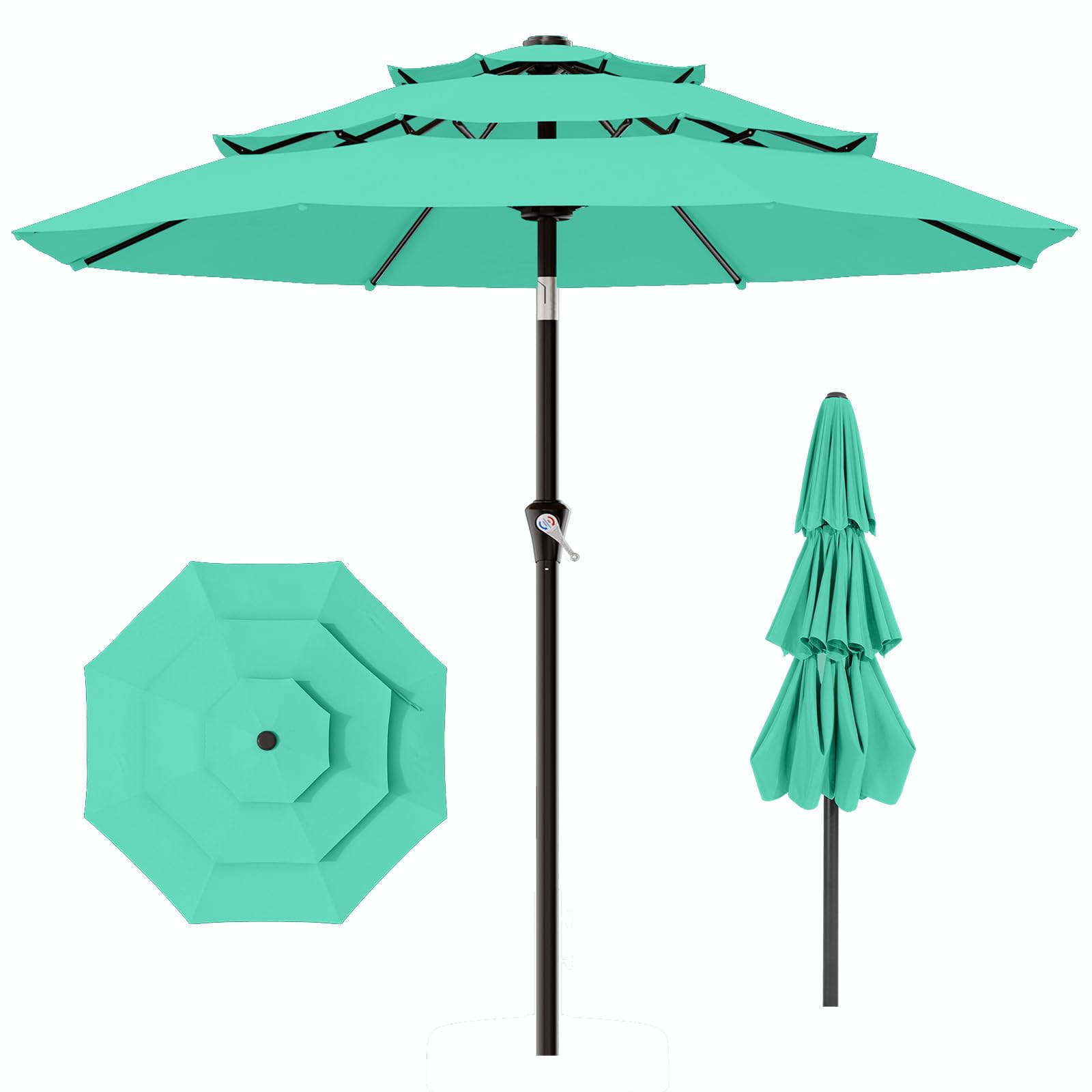 Photo 1 of AreShark 9ft 3-Tier Patio Umbrellas, Outdoor Umbrella with 8 Sturdy Ribs UV Protection Windproof, Market Table Umbrella w/Push Button Tilt & Crank for Pool, Porch, Deck, Garden(Aruba Blue)
