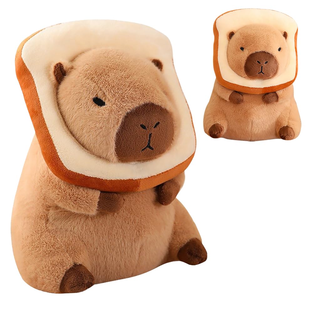 CLIUNT Capybara Plush Toy, 30cm Capybara Stuffed Animal, Capybara Plush Pillow with Bread Headgear, Realistic Capybara Soft Doll, Guinea Pig Soft Toys for Adult, Birthday Gift Decoration
