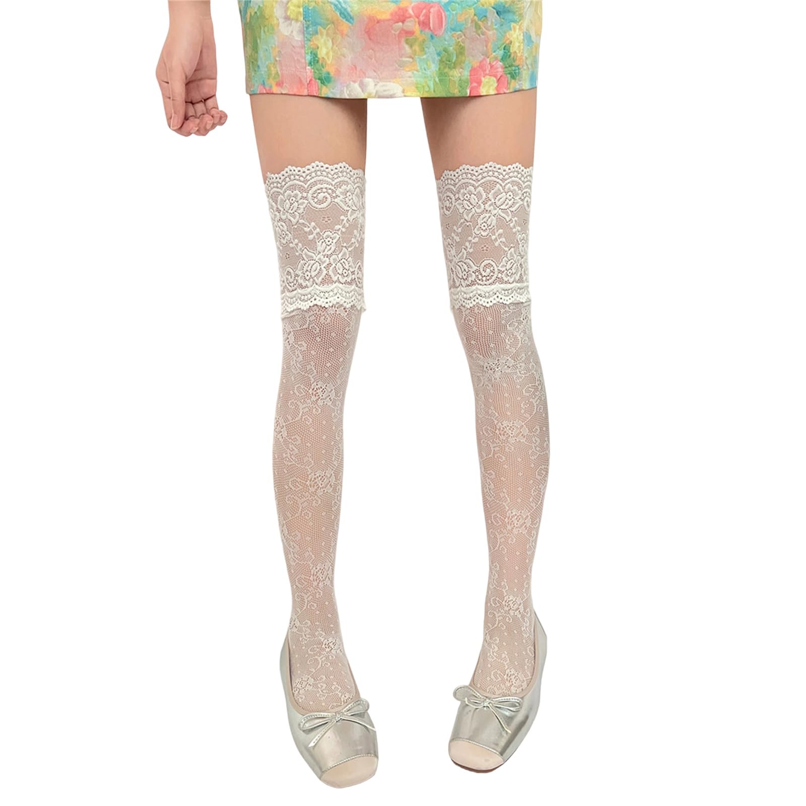 Nylon Thigh High Socks Vintage Floral Lace Fishnets Design Over Knee Stockings for Women Daily and Party Hosiery Over Knee Nylon Stockings with Floral Design