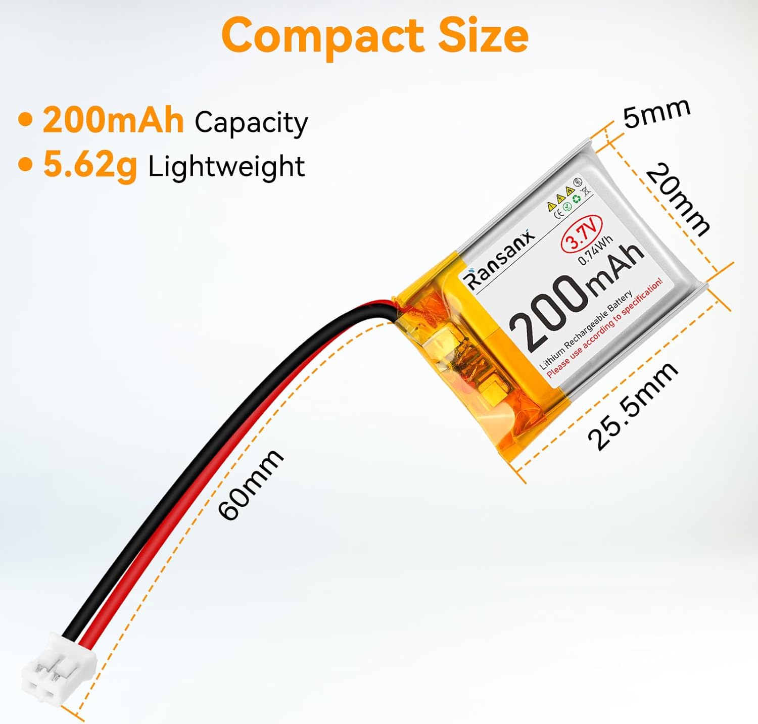 Diagram showing the compact dimensions of the Ransanx 3.7V 200mAh LiPo battery: 5mm thickness, 20mm width, 25.5mm length, and 60mm wire length.