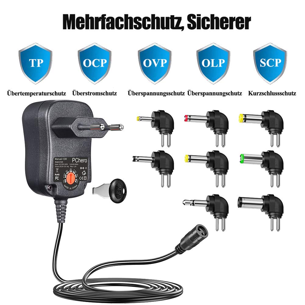 PChero 12W Alimentatore Universale AC/DC con 8 Spine DC, Adatto per Dispositivi da 3V a 12V