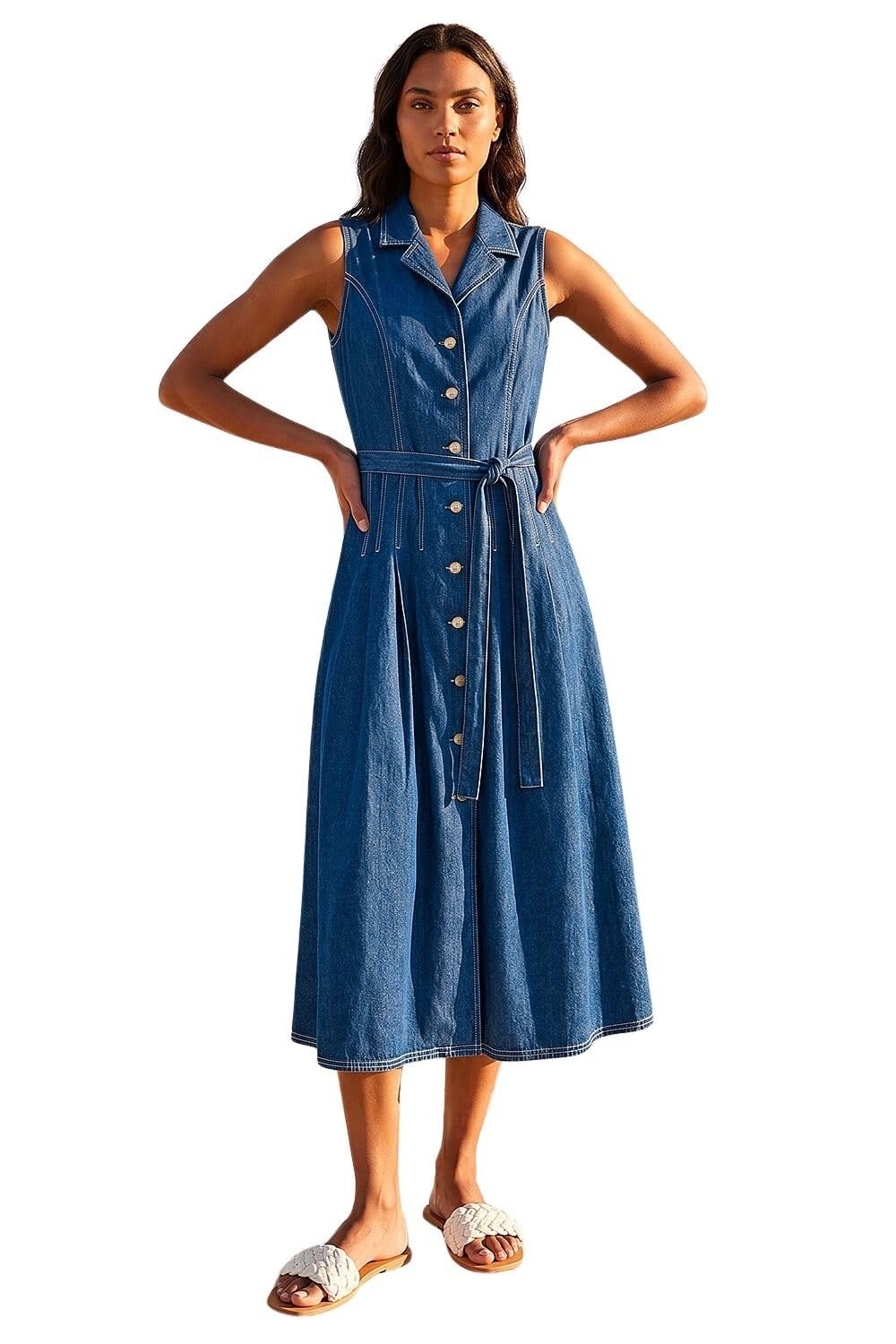 Roman Women's Denim Button Through Midi Dress in Mid Blue | Size: 20