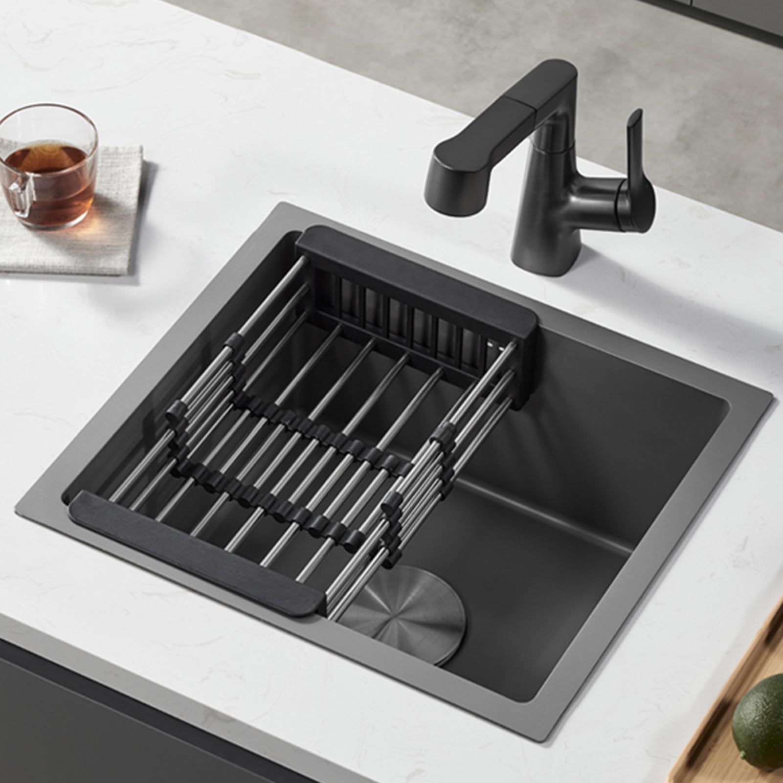 Lavello da Bar Quadrato Mini lavelli di capacità Singola Vasca 304 lavello in Acciaio Inox sopra/sotto Il Tavolo Installazione con Rubinetto, 42 * 35CM.A-45 * 40CM
