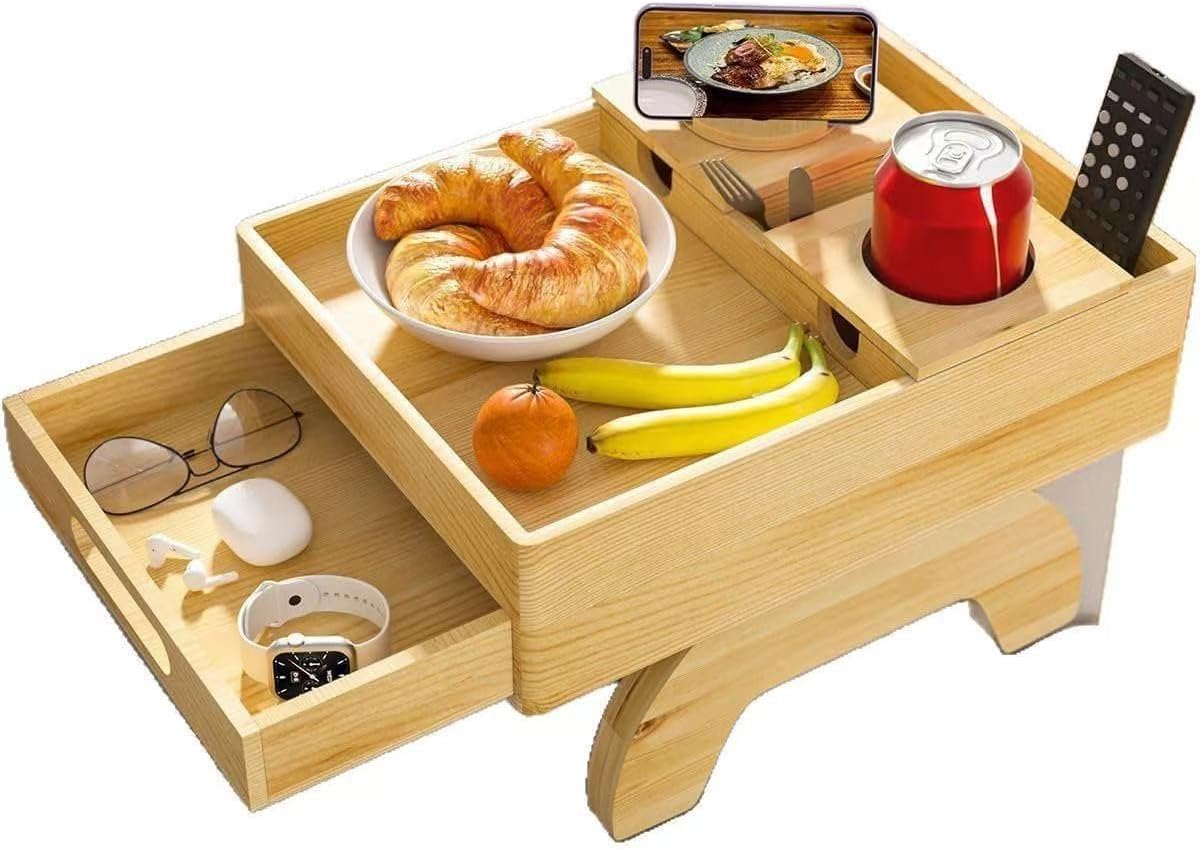 Wood Sofa Arm Tray - 3-in-1 Couch Arm Table with Phone Holder, Cup Placer & Foldable Tray - Armrest Clip-On Design for Couch with 360° Rotated Phone Holder (Drawer)