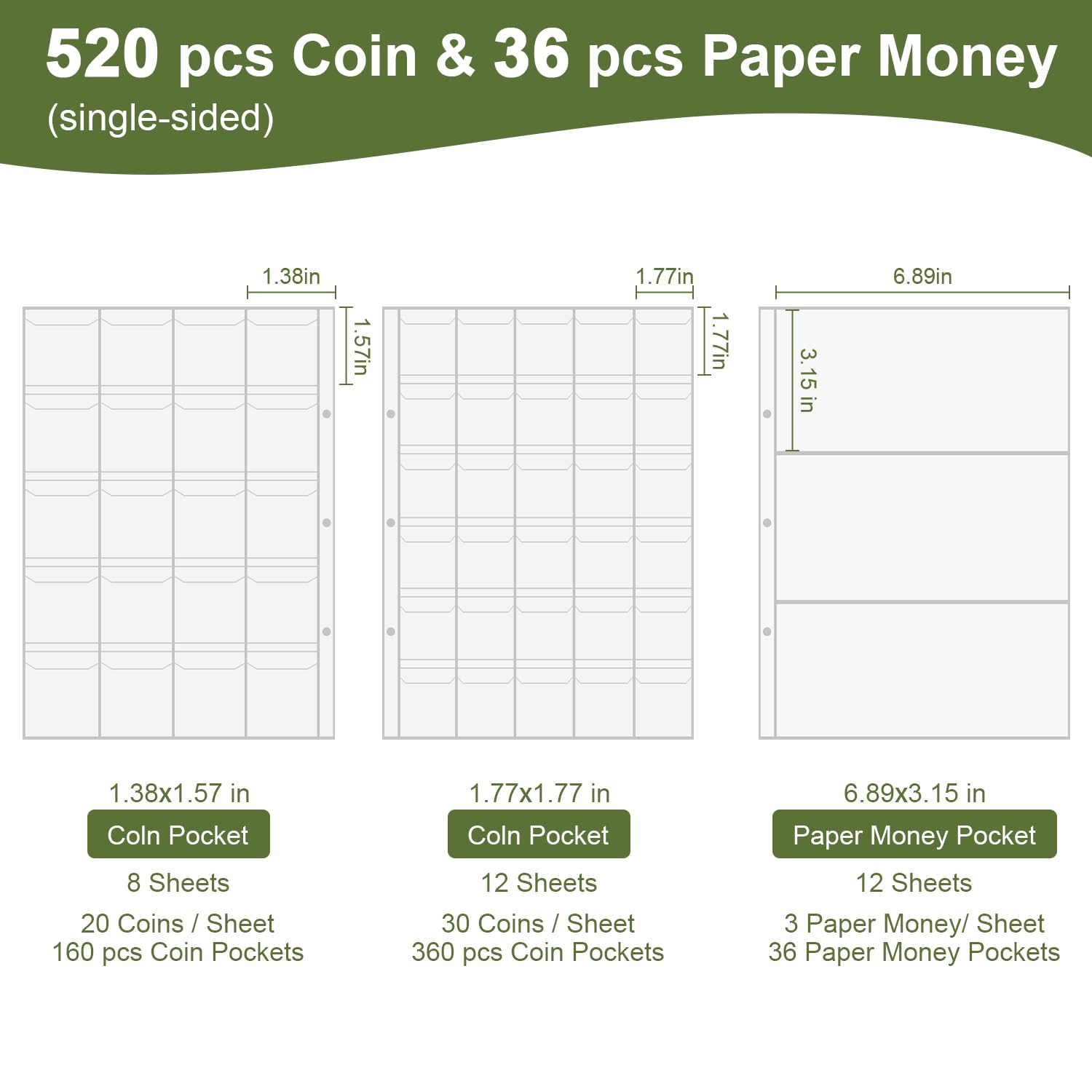 Coin Collection Book Holder for Collectors, 520 Pockets Fireproof Coins Collecting Album & 36 Sleeves Money Storage Case for Coin Currency Collection Supplies, Bill, Pennies, Quarters, Stamp