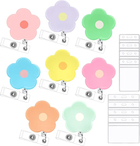 8 Pcs Nurse Badge Reel Retractable Clip Cute Flower Badge Reels with Clear ID Card Badge Holder Medical Pharmacy CNA RN LPN MA Badge Reel Nurse Accessories Gifts