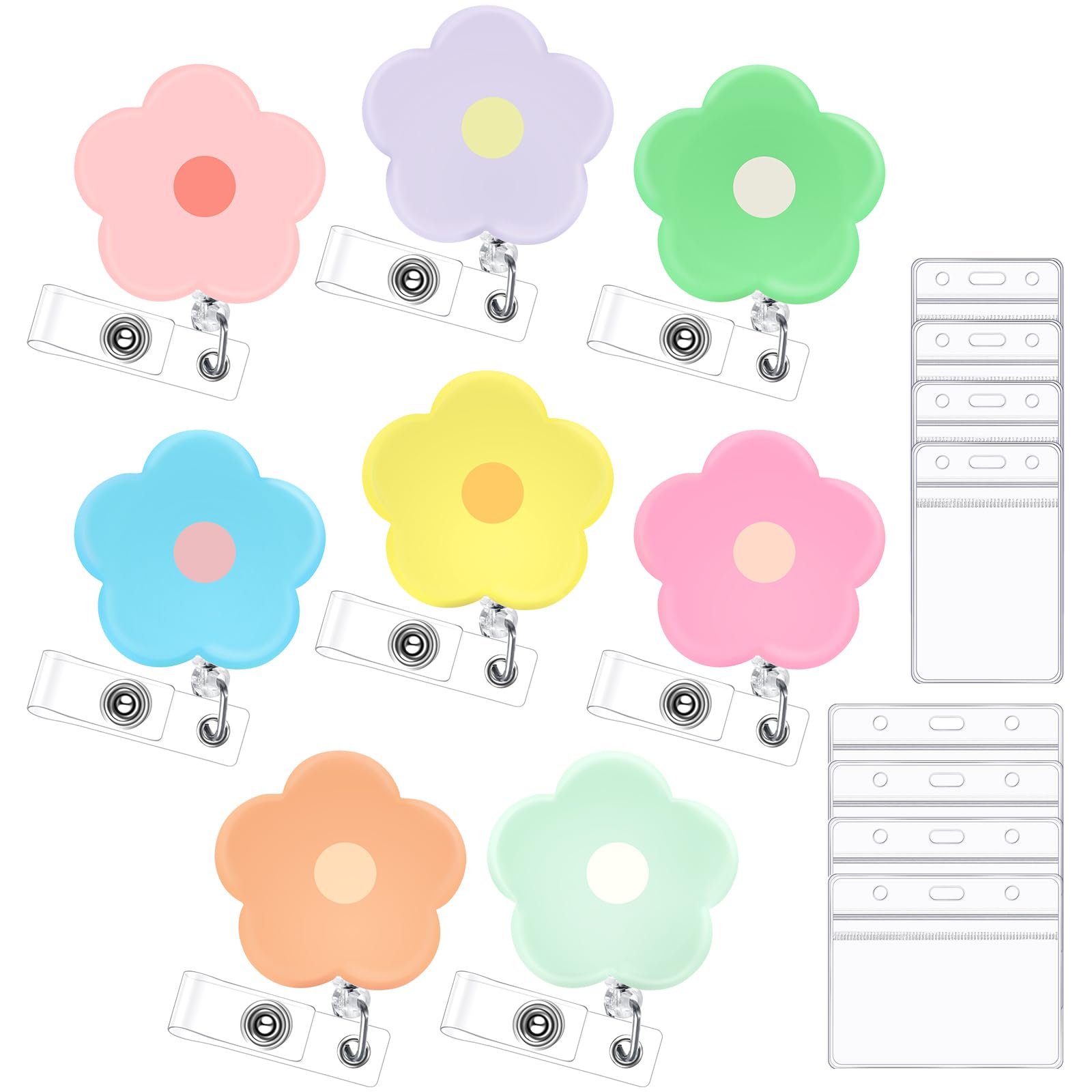 8 Pcs Nurse Badge Reel Retractable Clip Cute Flower Badge Reels with Clear ID Card Badge Holder Medical Pharmacy CNA RN LPN MA Badge Reel Nurse