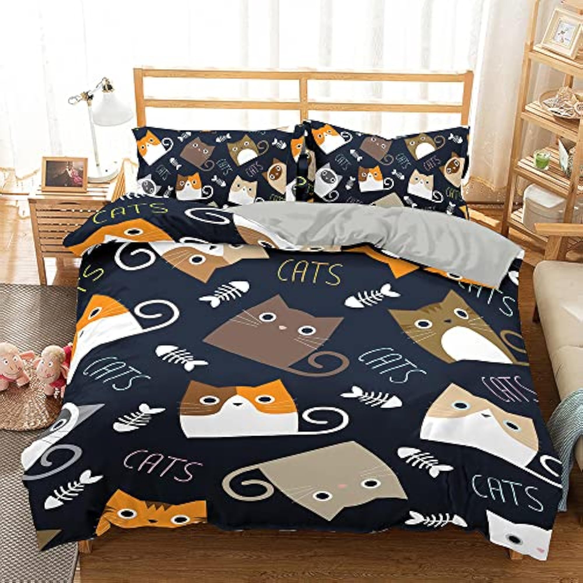 Cat Duvet Cover Set Single Size for Kids, 3 PCS