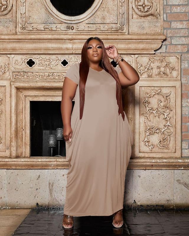 Image of YeGine Oversize Tshirt Dress Plus Size Short Sleeve Maxi Dress with Pockets