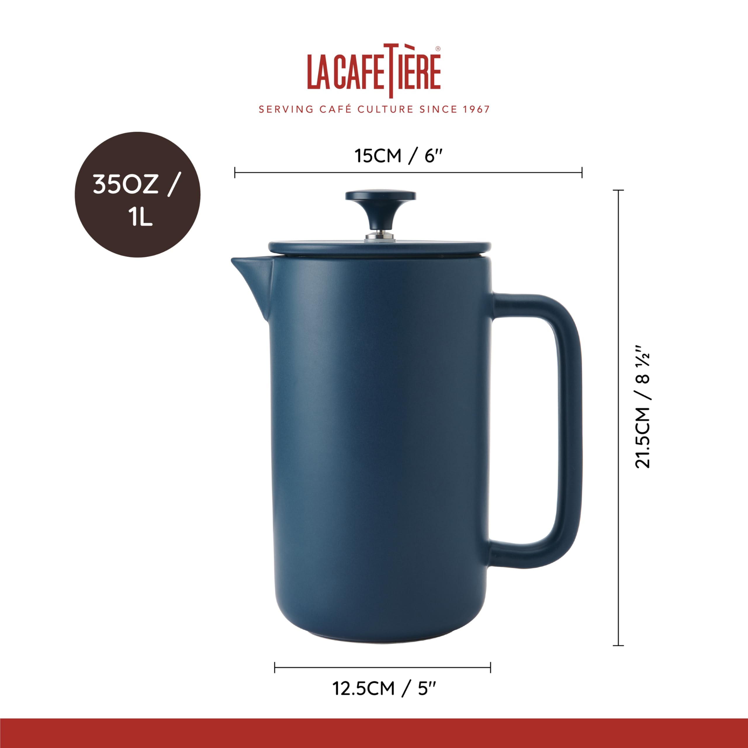 La Cafetière Arezzo - Cafetera grande de prensa francesa de 8 tazas, cerámica de gres resistente al calor con émbolo de fácil agarre, ideal para té suelto y café molido, azul marino