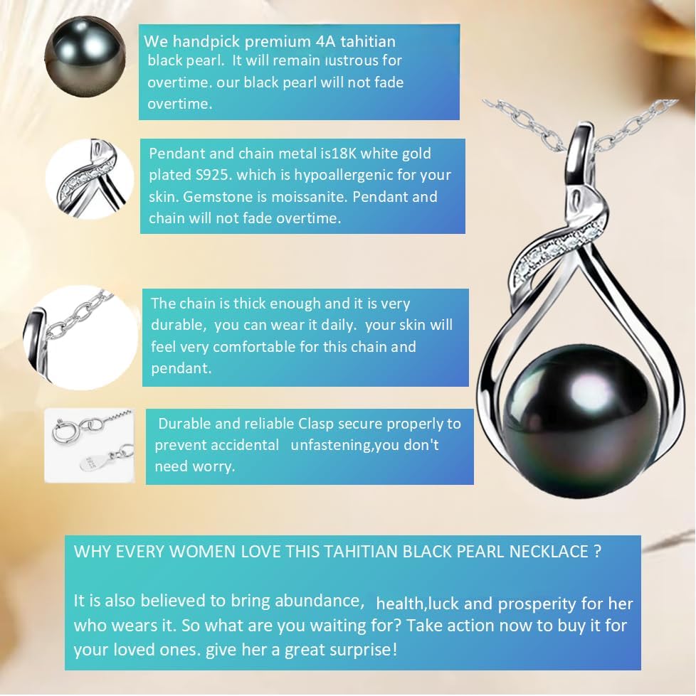 5A Grade Tahitian Black Pearl Pendant Necklace - Noble Elegant Gift for Wife, Mom, Girlfriend, Friend, Wedding, Birthday, Anniversary, S925 Sterling Silver Rhodium Plated Fine Jewelry, Valentine's Day, Christmas Day for Mother's Day Women Everyday Gift - Image 2