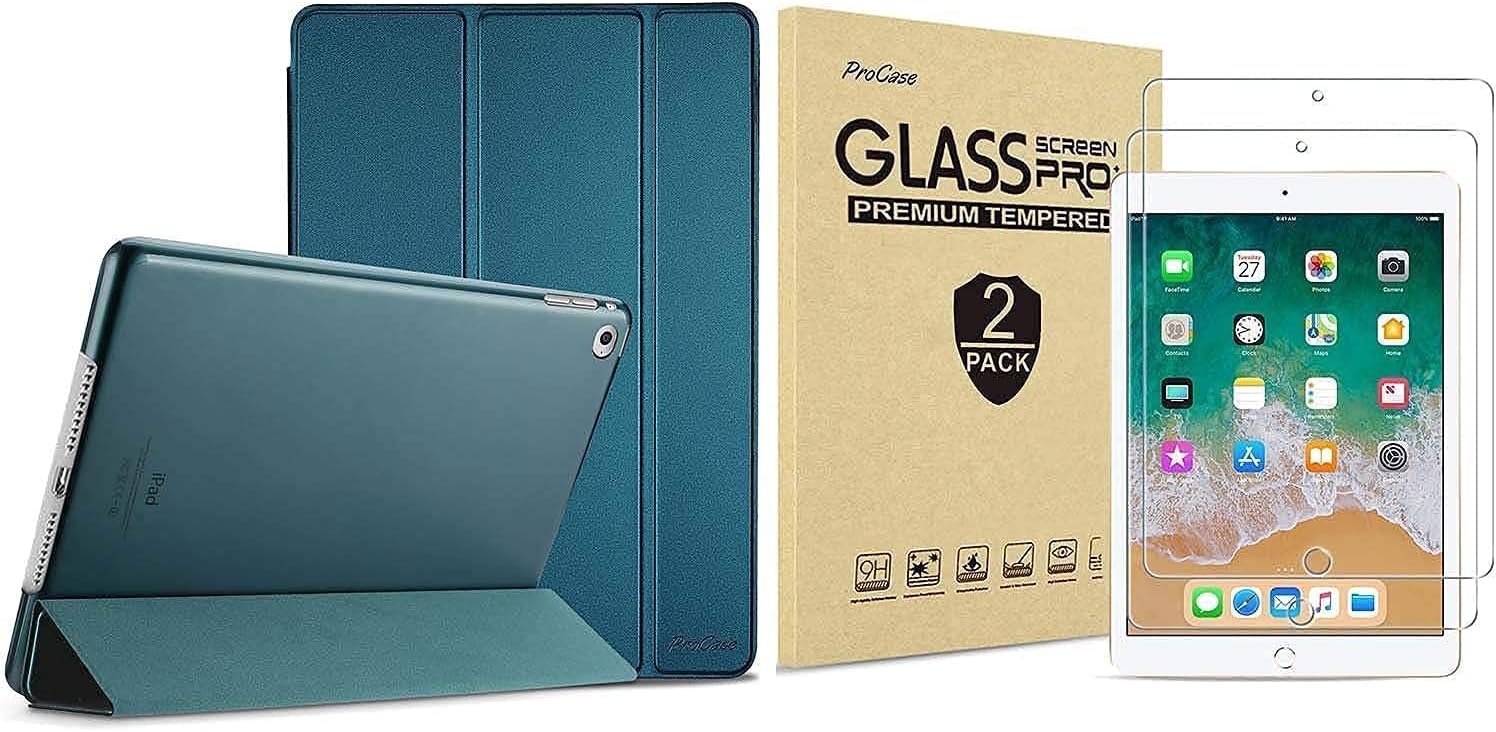 ProCase iPad Air 2nd 2014 Teal Slim Hard Shell Case Bundle with 2 Pack iPad 9.7 2018 & 2017 / iPad Pro 9.7 / iPad Air 2 / iPad Air Tempered Glass Screen Protectors