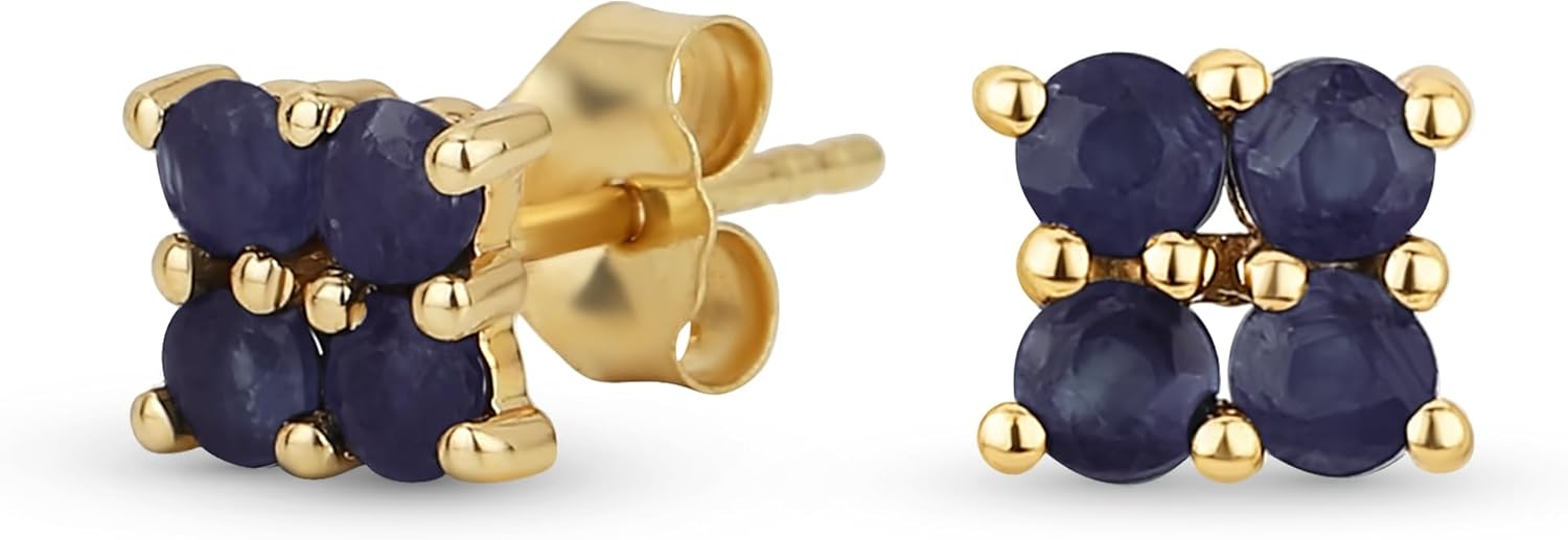 Minimalist Geometric Genuine 14K Yellow Gold Blue Sapphire, Ruby, Green Emerald Square Gemstone Stud Earrings for Women Teens