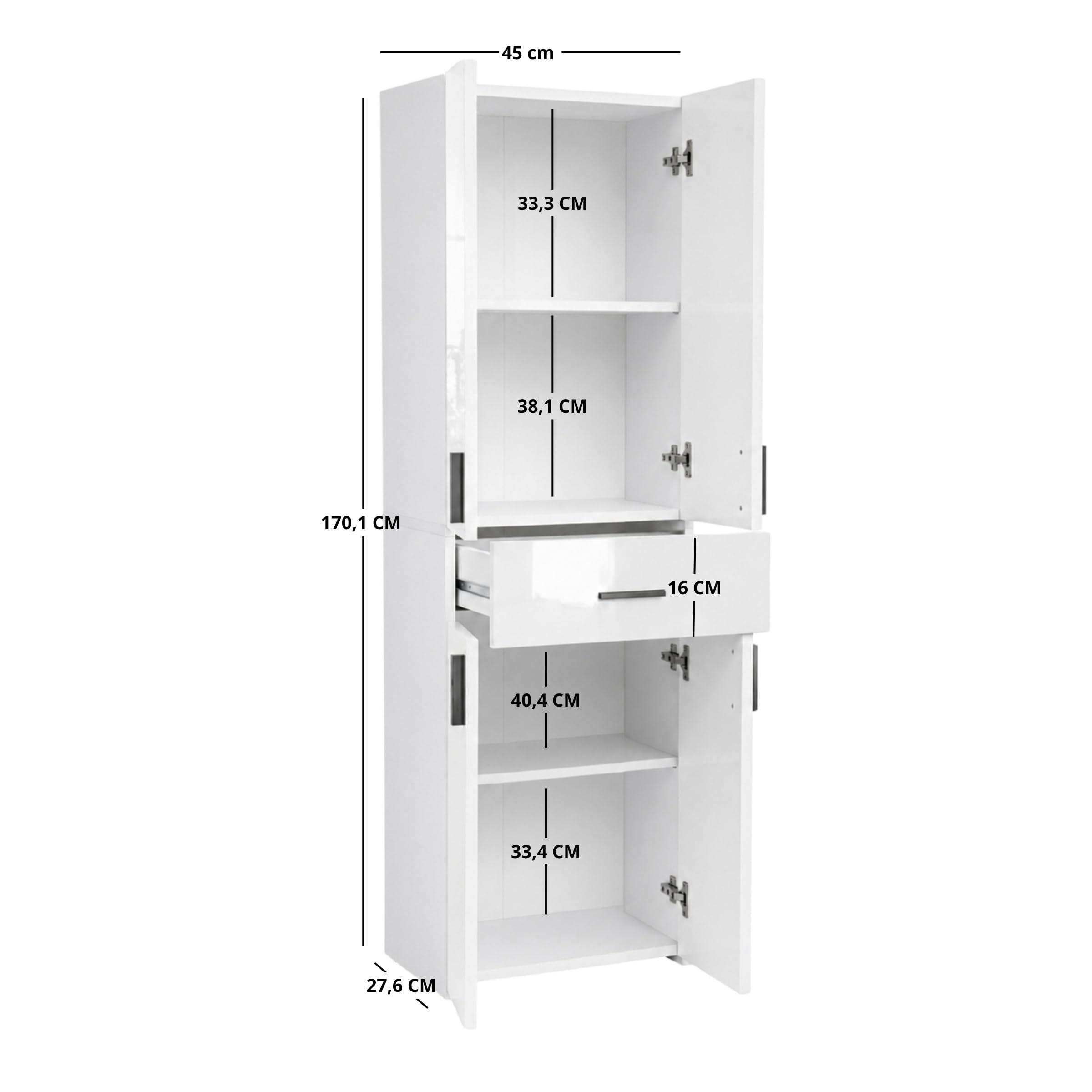 Colonne de Salle de Bain, 4 Portes, Tiroir, Blanc Brillant | Meuble de Salle de Bain Étroit, Meuble de Rangement pour Cuisine et Salon