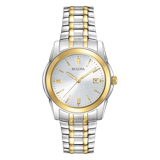 Bulova Relógio masculino clássico de dois tons de aço inoxidável com 3 ponteiros e calendário, data de quartzo: 98H18, Prata, Vestido