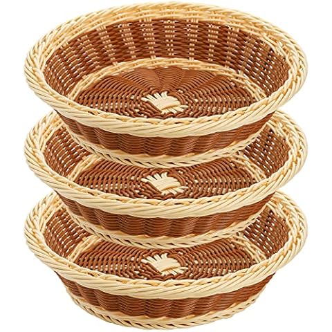Yarlung 3 Pack Poly-Wicker Woven Breads Baskets, 11.5 Inch Round Fruit Baskets Stackable Food Serving Holder Imitation Rattan Basket for Kitchen, Restaurant, Outdoor, Brown & Beige Cover