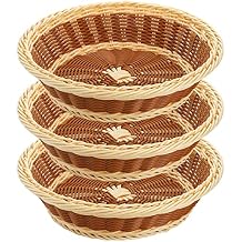 Yarlung 3 Pack Woven Bread Baskets, Plastic Wicker Fruit Baskets 11.5 Inch Round Imitation Rattan Basket, Stackable Food Serving Holder for Kitchen, Restaurant, Outdoor, Brown & Beige