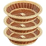 Yarlung 3 Pack Woven Bread Baskets, Plastic Wicker Fruit Baskets 11.5 Inch Round Imitation Rattan Basket, Stackable Food Serving Holder for Kitchen, Restaurant, Outdoor, Brown & Beige