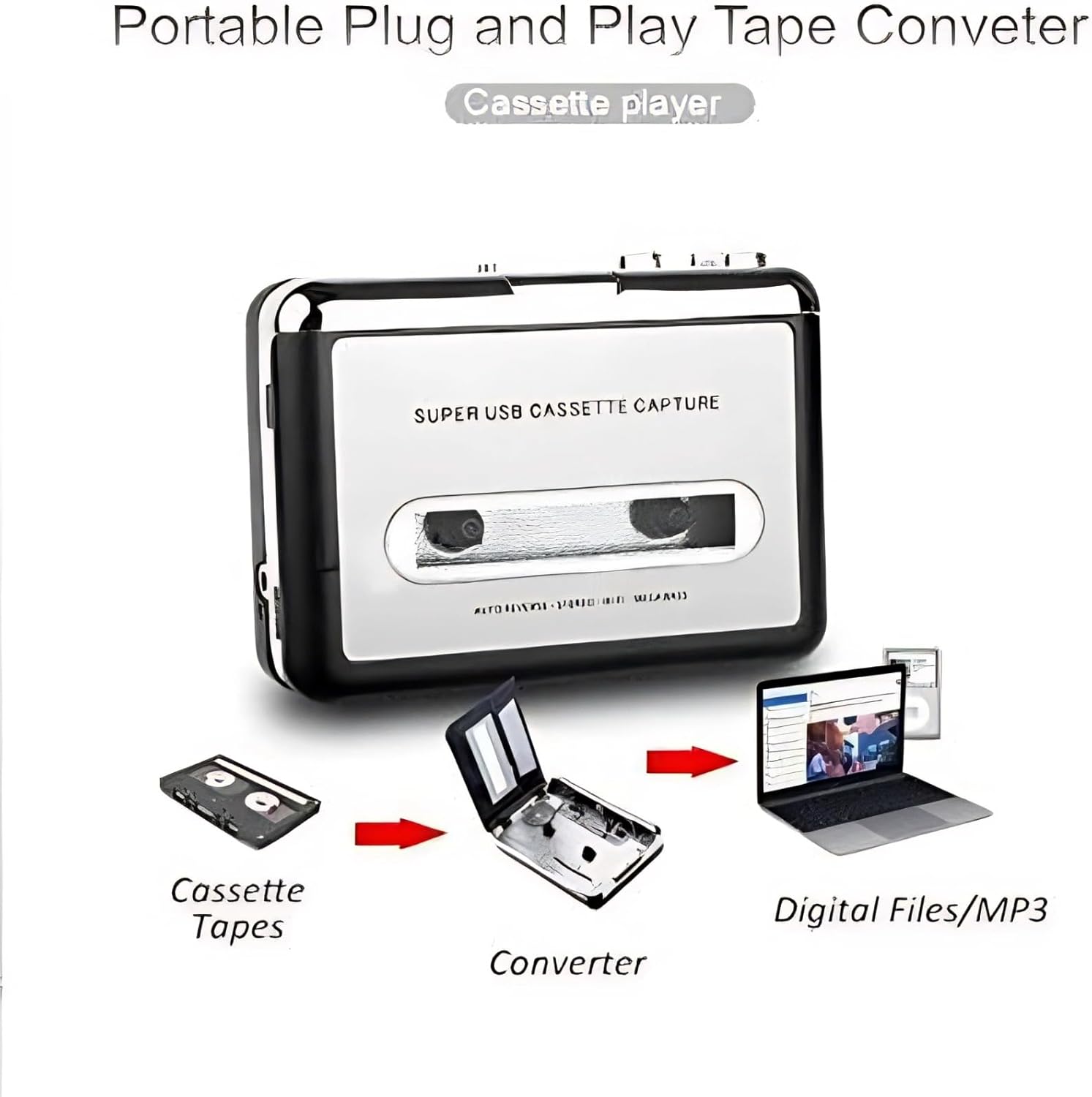 Cassette to MP3 Converter with USB Power Supply, Plug and Play Tape Player for MP3 Conversion, Includes Audacity Software