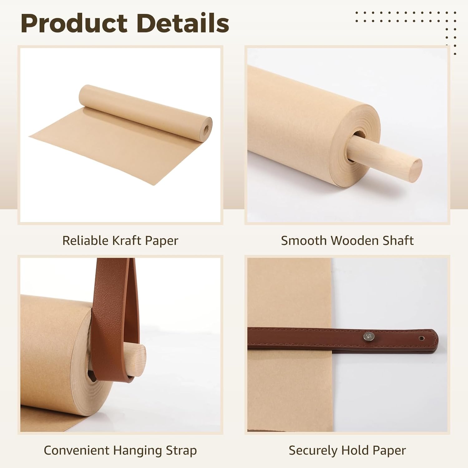 Kraft Paper Roll Dispenser Wall Mount with Wood Dowel & Leather Straps, 17.3" Wide x 98 ft Brown Paper | Brown Butcher Paper Holder for Menus, to-Do Lists, Artwork & Wall Display