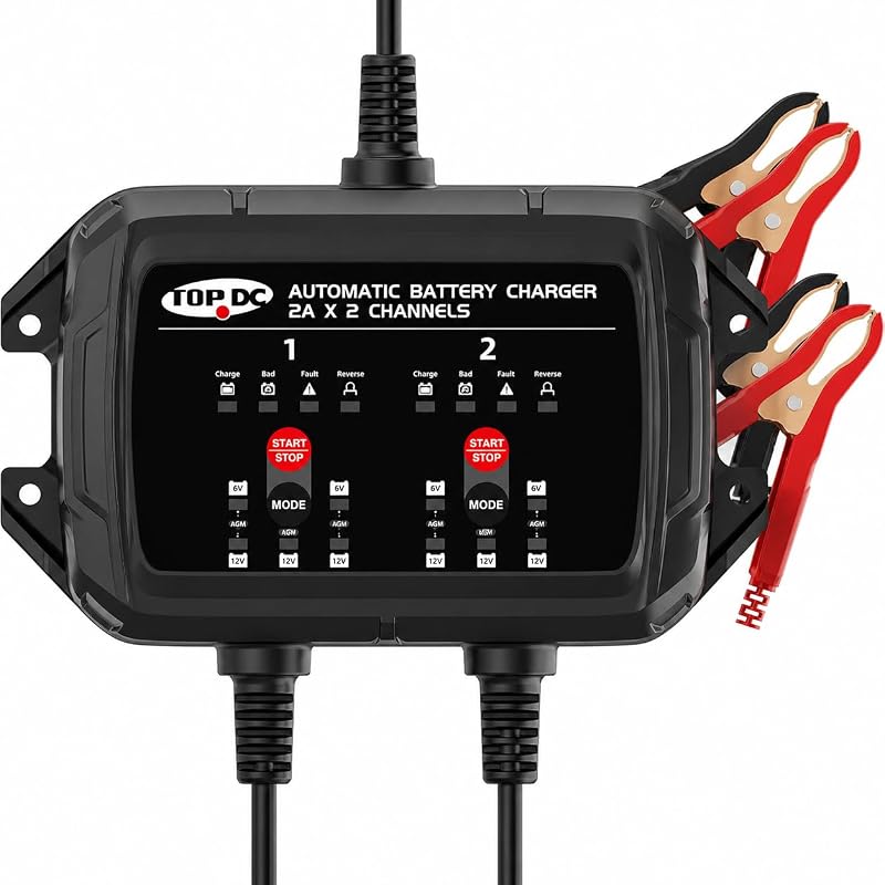 Carregador automático de bateria TOPDC 4 A com 2 canais, 6 V e 12 V, 2 A por canal