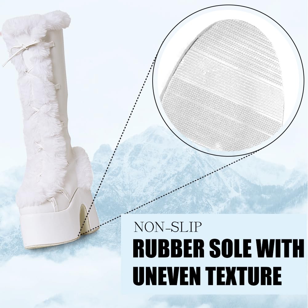 CELNEPHO Knee High Boots For Womens Side Zipper Warm Faux Fur Platform Chunky Heel Punk Goth Walking Winter Snow Boots: 7 A-white