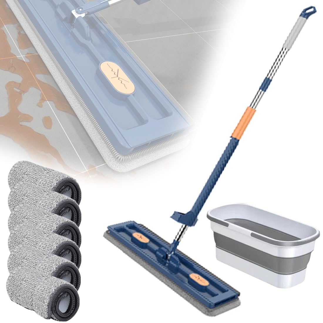 Set di mocio piatto grande in acciaio inox regolabile con manico lungo per pavimenti bagnati e asciutti con raschietto per l'asciugatura, blu (taglia B)