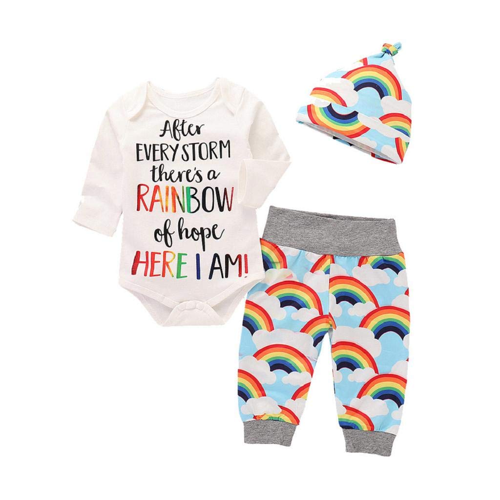 DEELIN Boys Clothing Sets,Unisex Romper+Pants+Hat Letter Print Bodysuit Rainbow Pants Toddler Kids Baby Girls Infant Outfits Set Newborn Baby Clothes (White,0-6 Months)