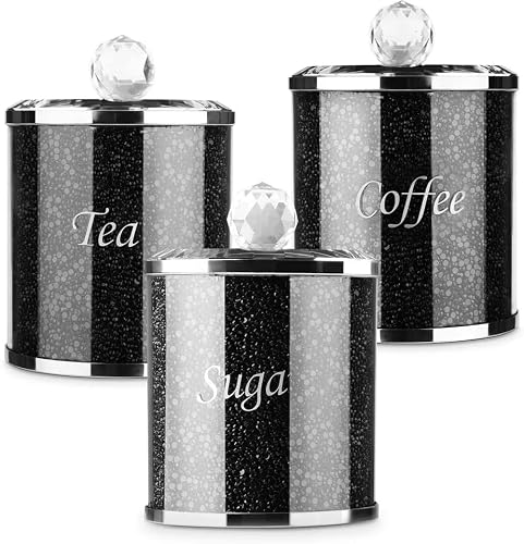 SHABJY Crystal Canisters for Coffee, Tea, Sugar, 15cm, Crushed Diamond Black/Silver, Set
