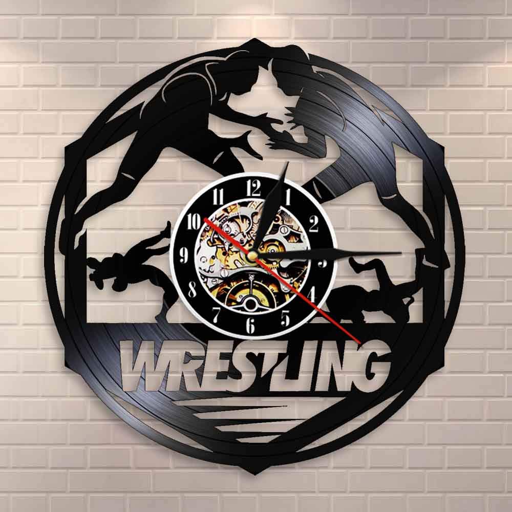 Westlers Grappling Freestyle Fight Martial Wall Art Wall Clock Watch Wrestling Combat Sport Vinyl Record Wall Clock Fighter Gift