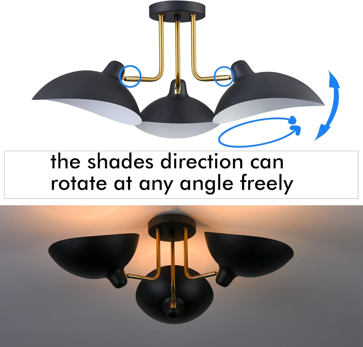 YUBOLE Ceiling Light Semi-Flush Mount, 3-Light Matte Black Multi-Directional Spot Light, Adjustable Rotating Ceiling Lamp for Bedroom, Dining Room, Kitchen, Entryway