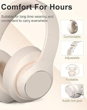 Wireless Bluetooth Headphones Over Ear, 40 Hours Playtime Wireless Headphones with Microphone,Foldable Light Weight Headset with HiFi Stereo Sound for Travel Work (Beige)