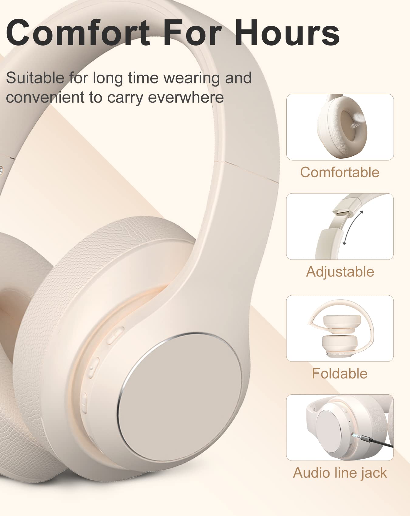 Cuffie wireless Bluetooth over-ear, 40 ore di riproduzione, cuffie wireless con microfono, cuffie pieghevoli leggere con suono stereo Hi-Fi, per viaggi e lavoro (beige)