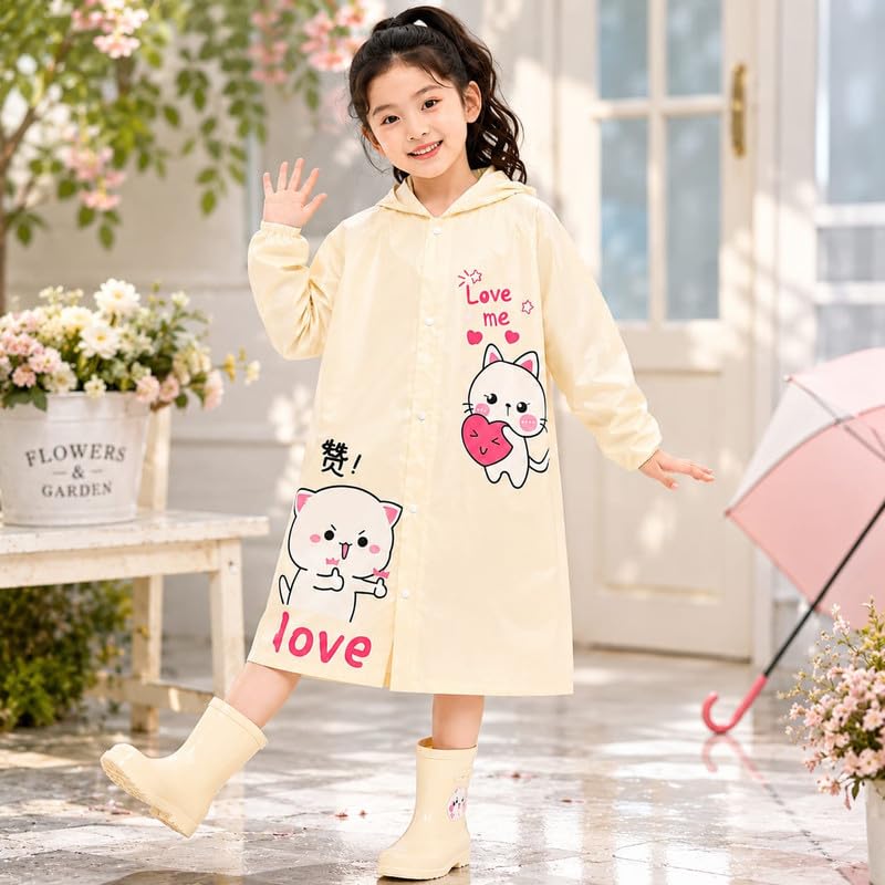 Krystle Girls Waterproof Raincoat with School Bag Cover | Cute Cat Print Hooded Rain Wear for Kids | Full Length Rain Coat (Yellow,10-11 Years) 2