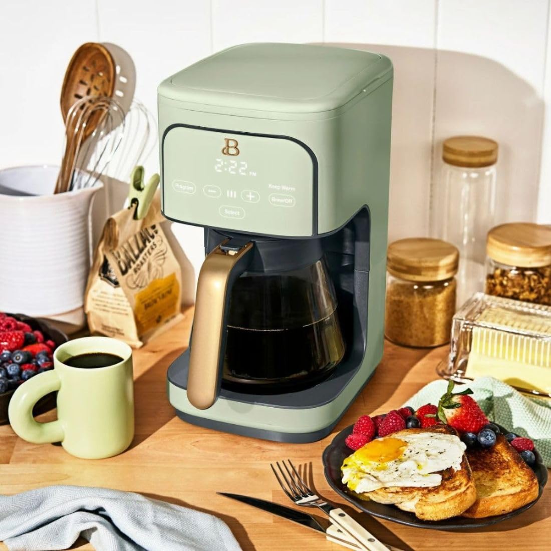 B - 12-Cup Programmable Coffee Maker with Touch Controls, Auto Brew Timer, Reusable Filter, Large Glass Carafe, Countertop Coffee Machine (Sage Green)